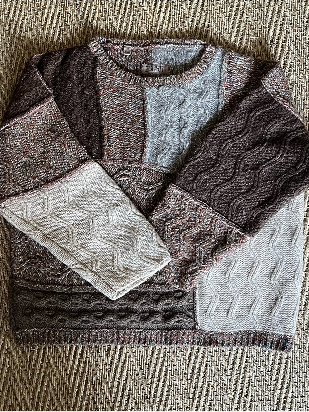 Vintage Esprit Patchwork Cable Crewneck Sweater - Brown & Cream, Women's Size M